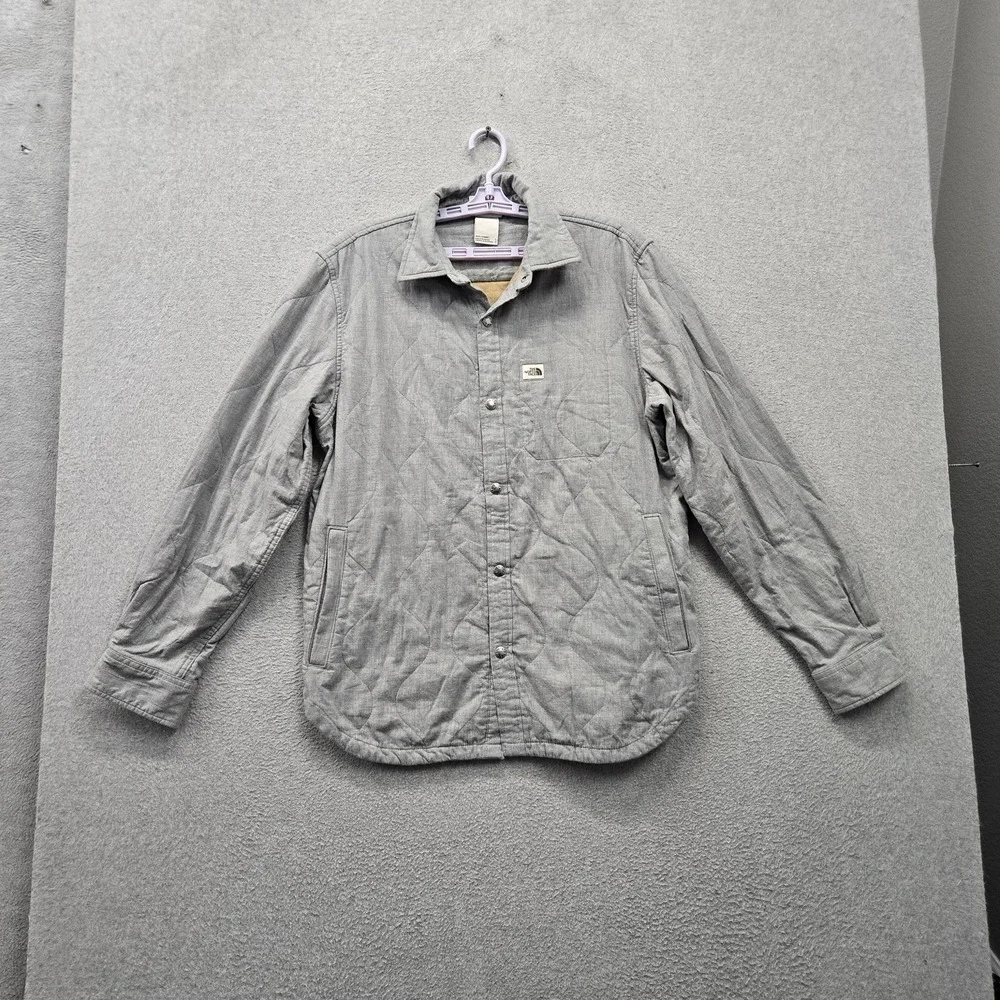The North Face Men Jacket L Gray Quilted Overshirt Shacket Button Up Logo Collar